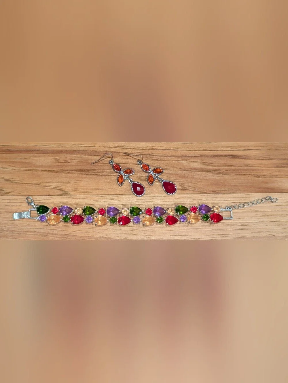 Multi Colored Crystal Teardrop Bracelet — With Matched Earrings